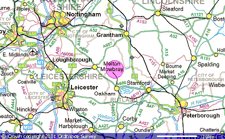 Map centred on Edmondthorpe, with Leicester, Nottingham, Peterborough, A1 [map3.gif, 48kB]