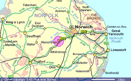 Wymondham in relation to Norwich and Norfolk [wymnorf2.gif, 29.4kB]